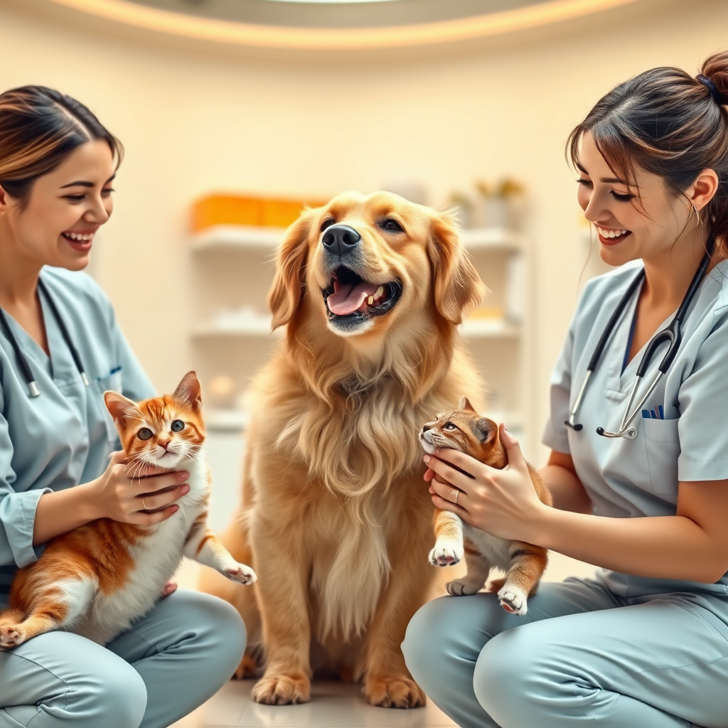 Happy veterinary team with pets